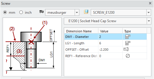 Component dialog for the selection of manufacturer, type and instance