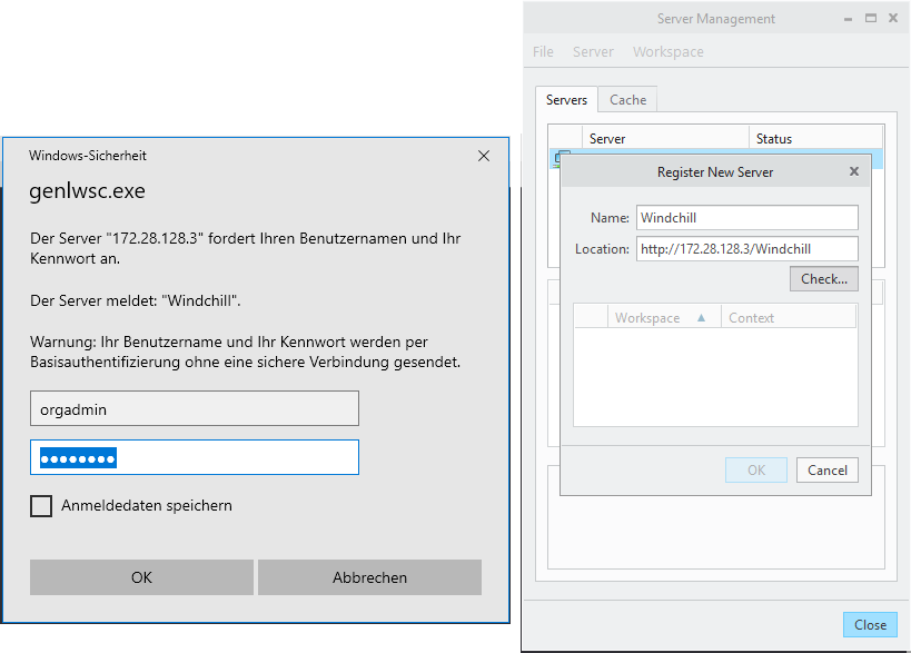 Verbindung als Administrator mit dem Windchill Server 